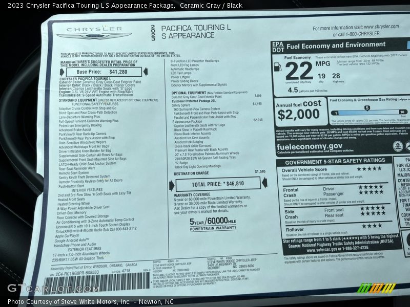  2023 Pacifica Touring L S Appearance Package Window Sticker