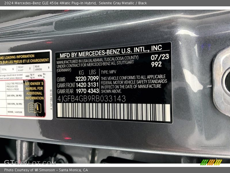 2024 GLE 450e 4Matic Plug-In Hybrid Selenite Gray Metallic Color Code 992