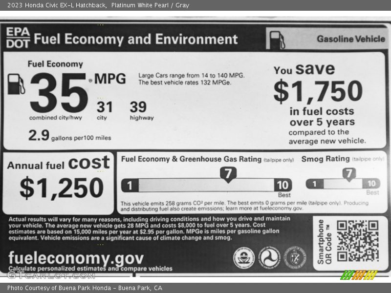 Platinum White Pearl / Gray 2023 Honda Civic EX-L Hatchback