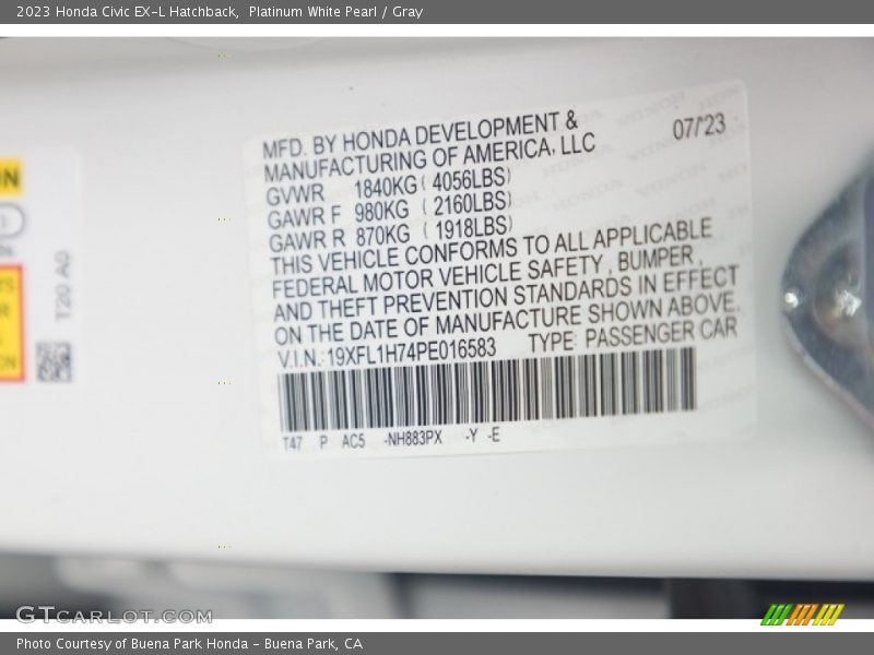 2023 Civic EX-L Hatchback Platinum White Pearl Color Code NH883PX