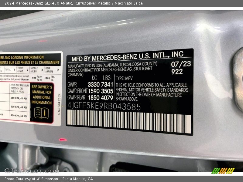 2024 GLS 450 4Matic Cirrus Silver Metallic Color Code 922