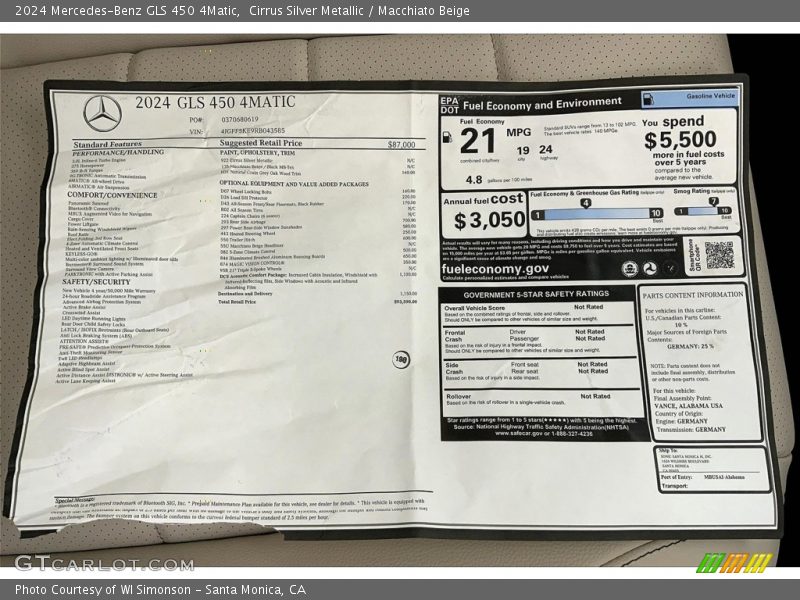  2024 GLS 450 4Matic Window Sticker