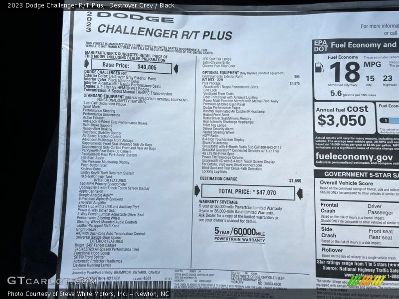 Destroyer Grey / Black 2023 Dodge Challenger R/T Plus