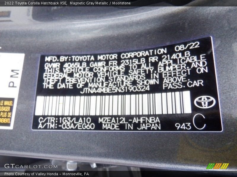2022 Corolla Hatchback XSE Magnetic Gray Metallic Color Code 1G3