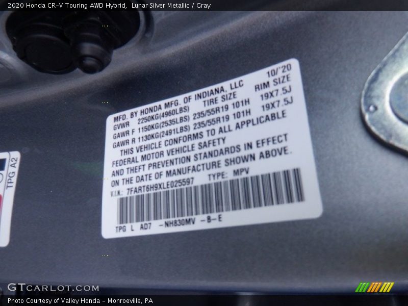 2020 CR-V Touring AWD Hybrid Lunar Silver Metallic Color Code NH830MV