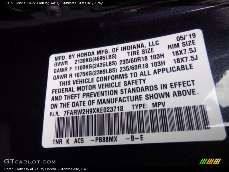 Gunmetal Metallic / Gray 2019 Honda CR-V Touring AWD