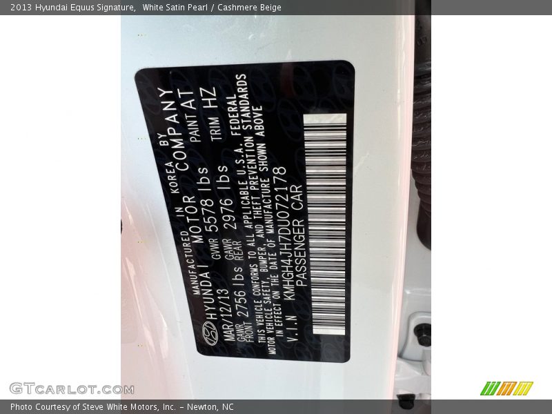 2013 Equus Signature White Satin Pearl Color Code AT
