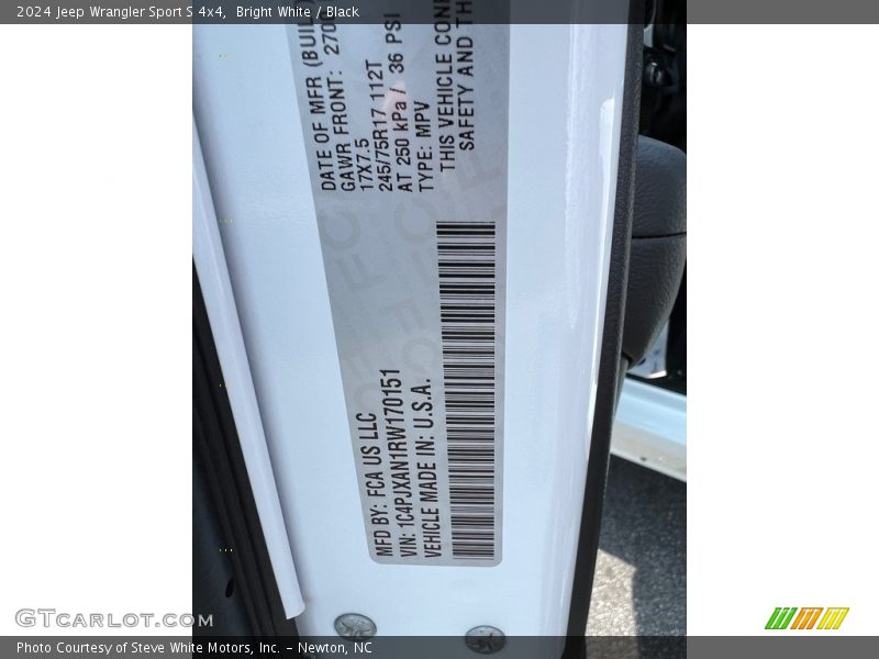 Bright White / Black 2024 Jeep Wrangler Sport S 4x4