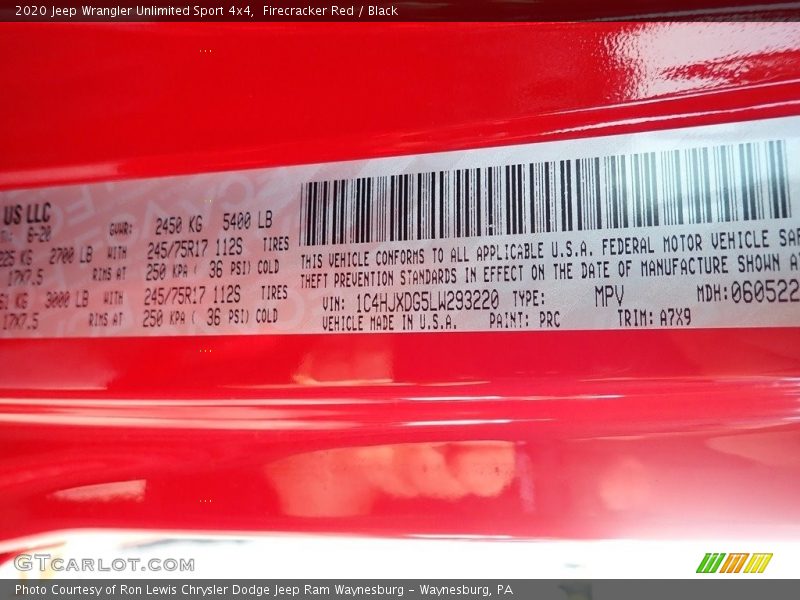 2020 Wrangler Unlimited Sport 4x4 Firecracker Red Color Code PRC