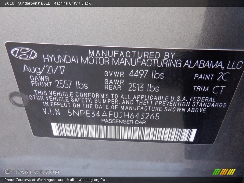 2018 Sonata SEL Machine Gray Color Code 2C