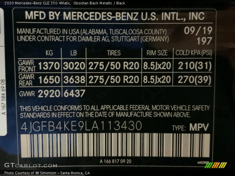 2020 GLE 350 4Matic Obsidian Black Metallic Color Code 197