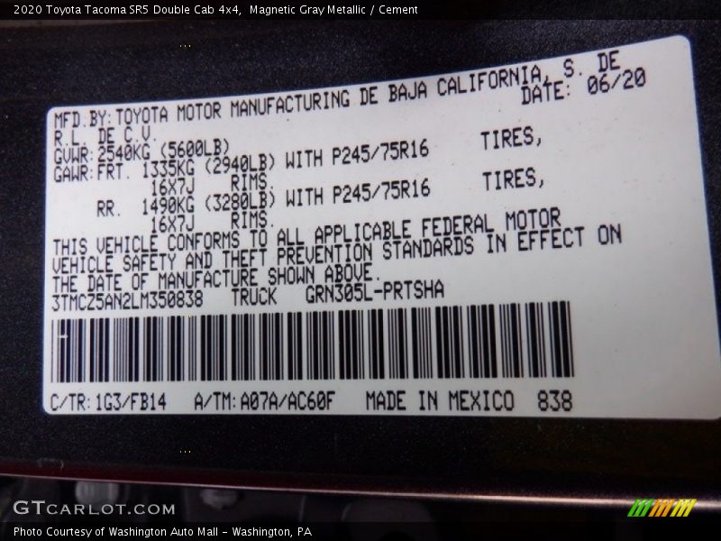 2020 Tacoma SR5 Double Cab 4x4 Magnetic Gray Metallic Color Code 1G3