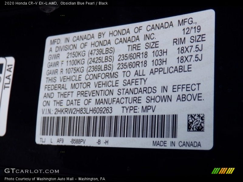 Obsidian Blue Pearl / Black 2020 Honda CR-V EX-L AWD
