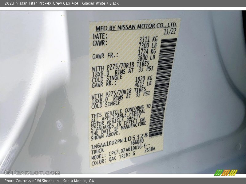 2023 Titan Pro-4X Crew Cab 4x4 Glacier White Color Code QAK