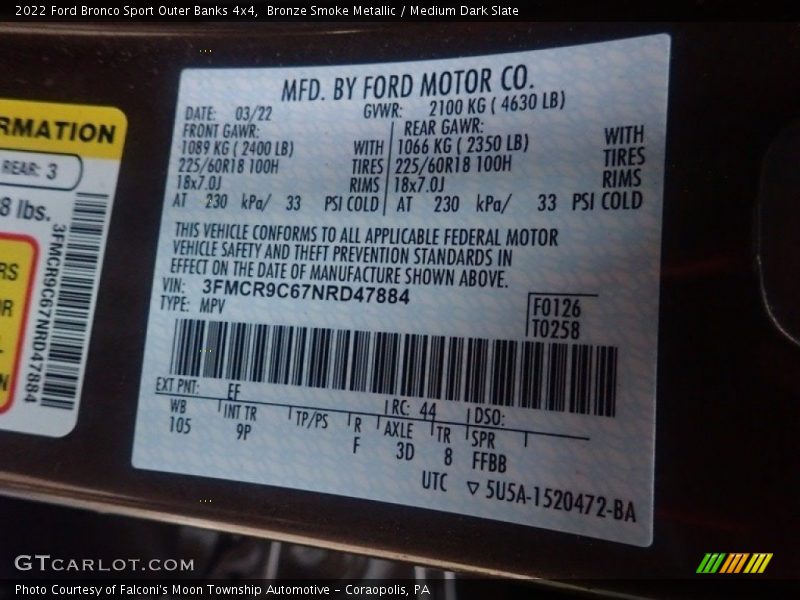 2022 Bronco Sport Outer Banks 4x4 Bronze Smoke Metallic Color Code EF