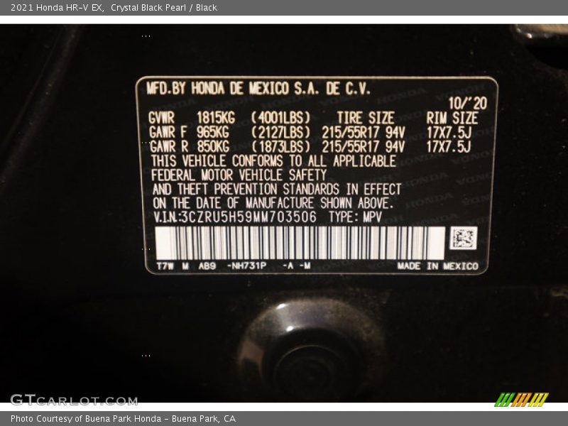 Crystal Black Pearl / Black 2021 Honda HR-V EX