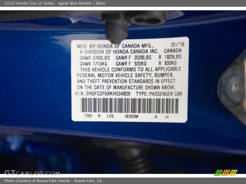 Agean Blue Metallic / Black 2019 Honda Civic LX Sedan