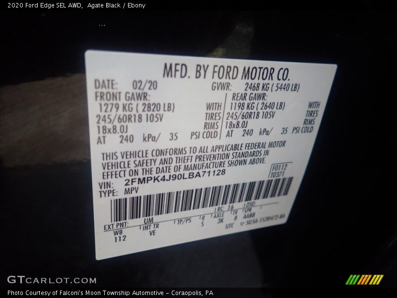 2020 Edge SEL AWD Agate Black Color Code UM