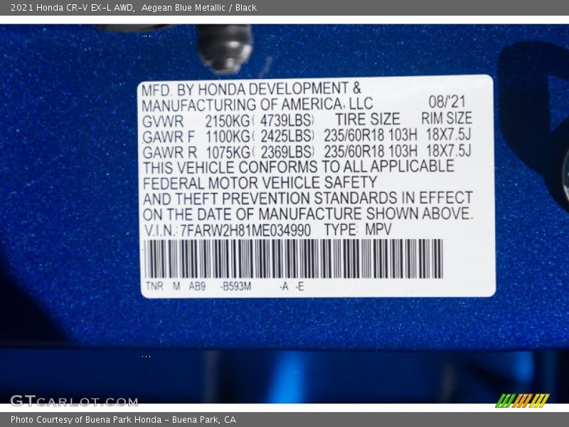 2021 CR-V EX-L AWD Aegean Blue Metallic Color Code B693M