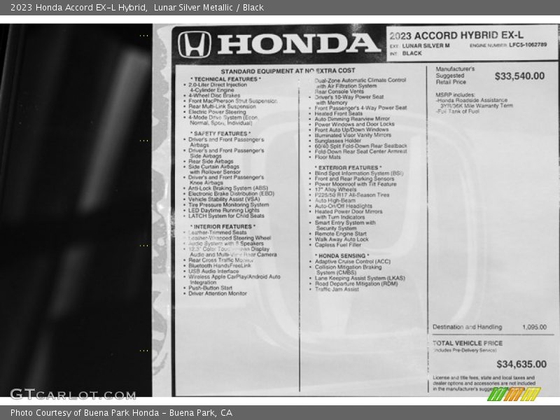  2023 Accord EX-L Hybrid Window Sticker