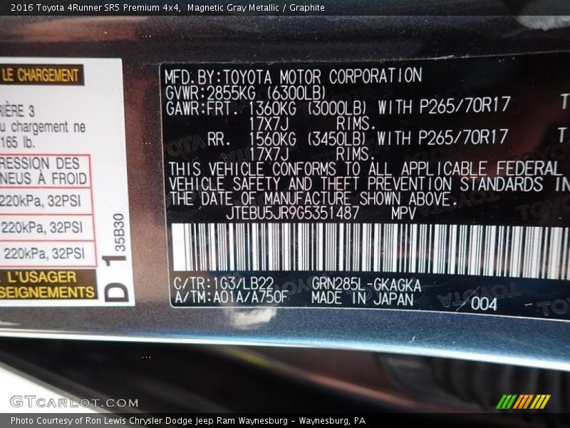 Magnetic Gray Metallic / Graphite 2016 Toyota 4Runner SR5 Premium 4x4