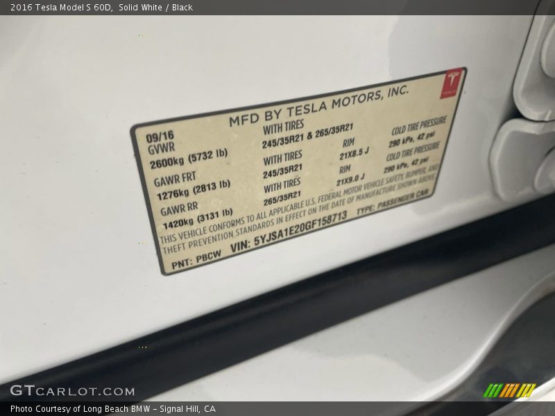 Solid White / Black 2016 Tesla Model S 60D