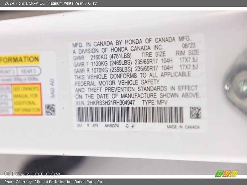 2024 CR-V LX Platinum White Pearl Color Code NH883PX