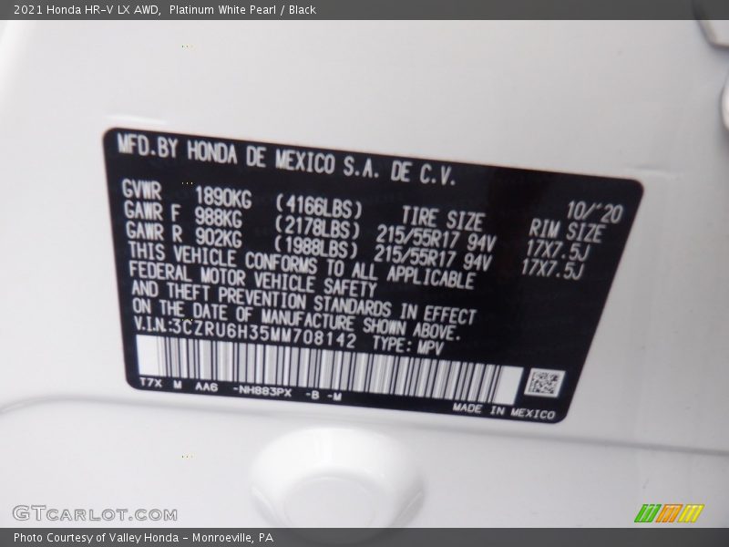 2021 HR-V LX AWD Platinum White Pearl Color Code NH883PX
