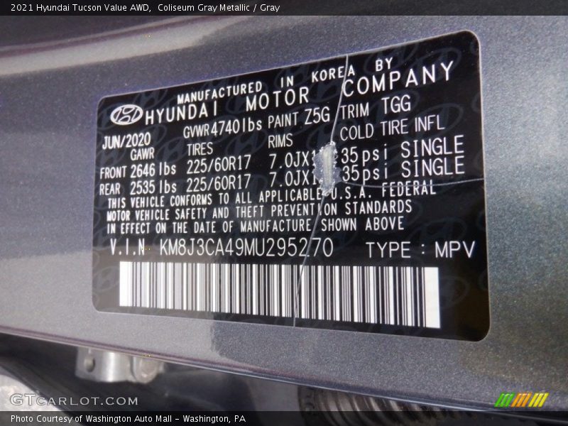 2021 Tucson Value AWD Coliseum Gray Metallic Color Code Z5G