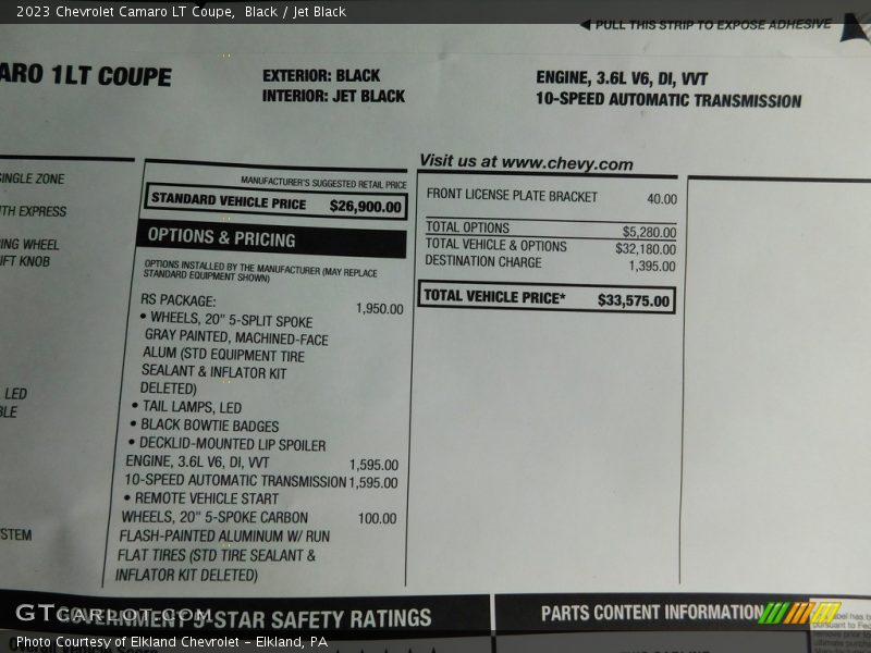  2023 Camaro LT Coupe Window Sticker