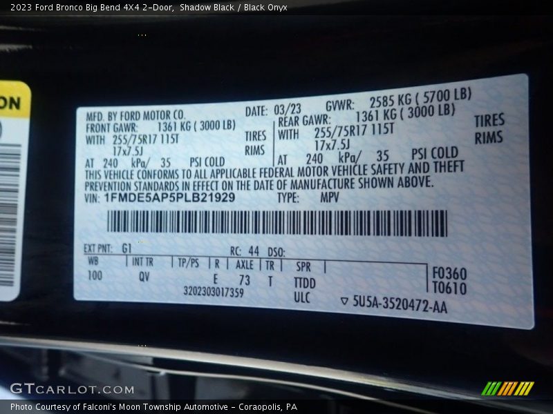 2023 Bronco Big Bend 4X4 2-Door Shadow Black Color Code G1