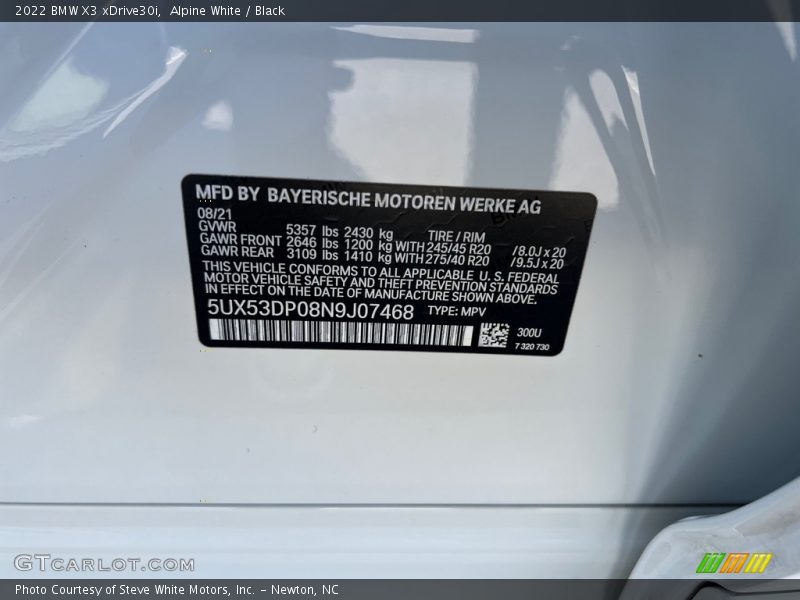 2022 X3 xDrive30i Alpine White Color Code 300