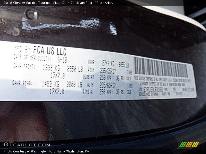 Dark Cordovan Pearl / Black/Alloy 2018 Chrysler Pacifica Touring L Plus