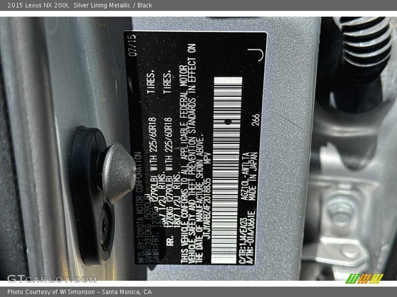 2015 NX 200t Silver Lining Metallic Color Code 1J4
