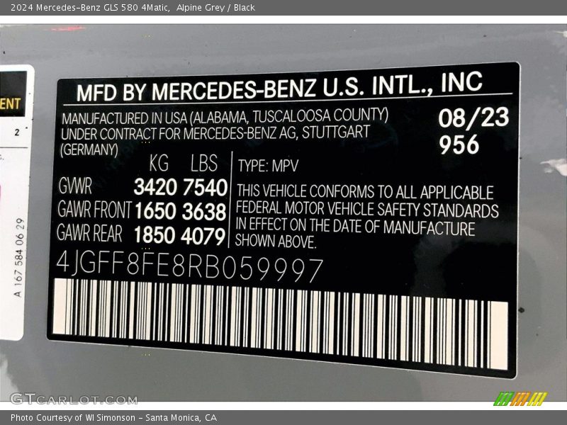 2024 GLS 580 4Matic Alpine Grey Color Code 956