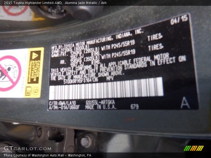 2015 Highlander Limited AWD Alumina Jade Metallic Color Code 6W4