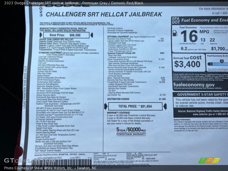 Destroyer Grey / Demonic Red/Black 2023 Dodge Challenger SRT Hellcat JailBreak