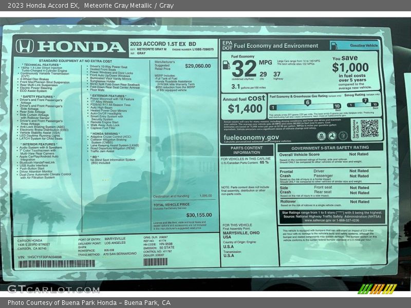  2023 Accord EX Window Sticker