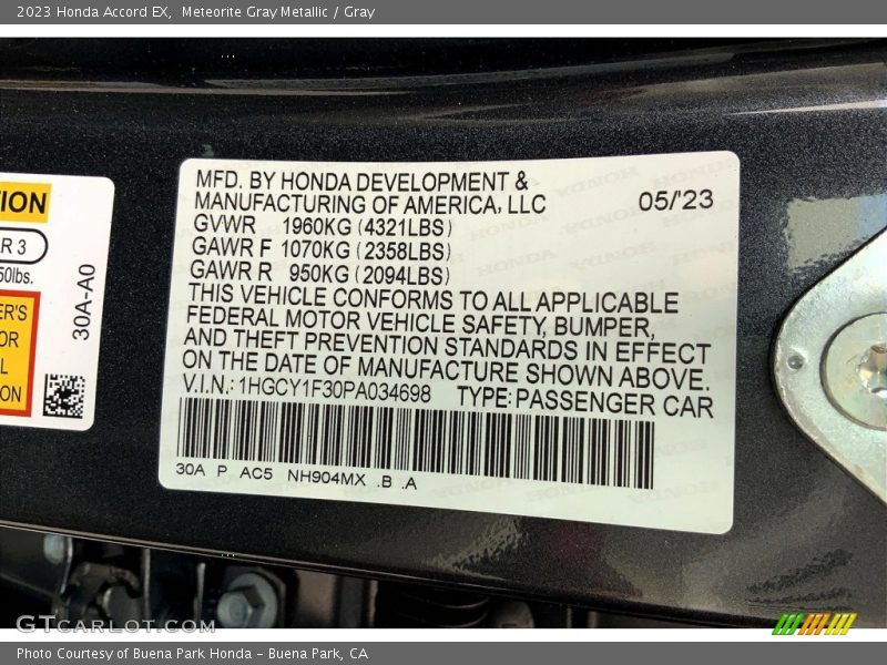 2023 Accord EX Meteorite Gray Metallic Color Code NH904MX