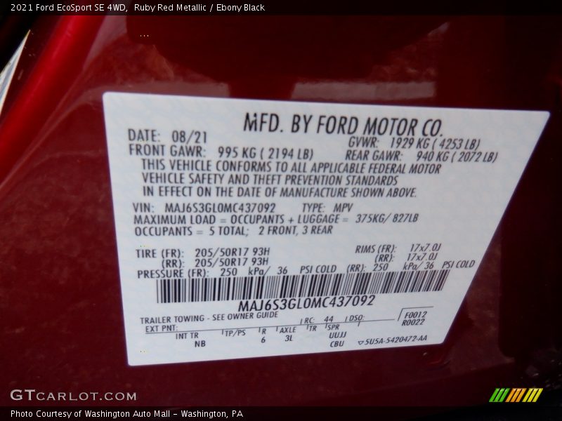 Ruby Red Metallic / Ebony Black 2021 Ford EcoSport SE 4WD
