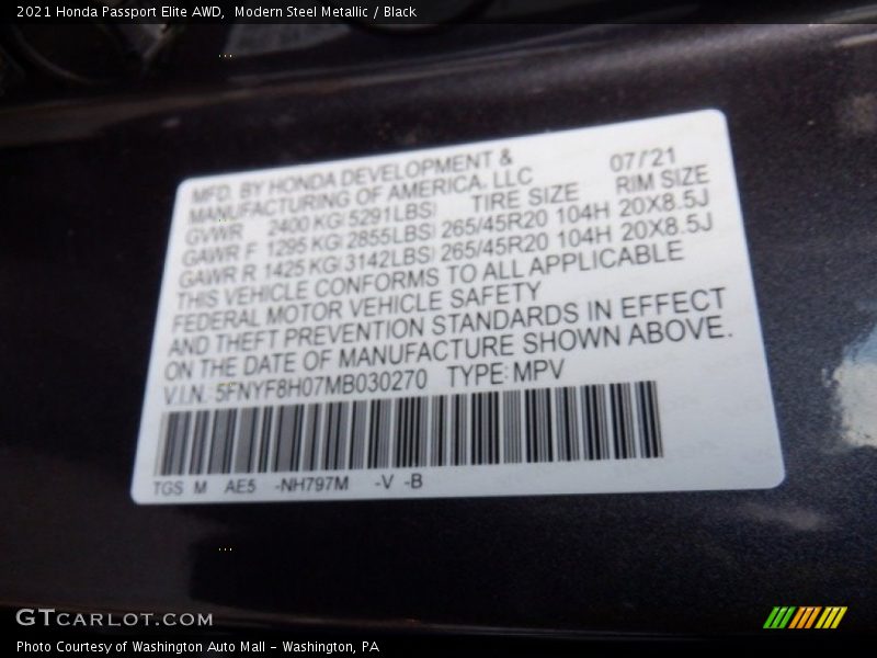 Modern Steel Metallic / Black 2021 Honda Passport Elite AWD