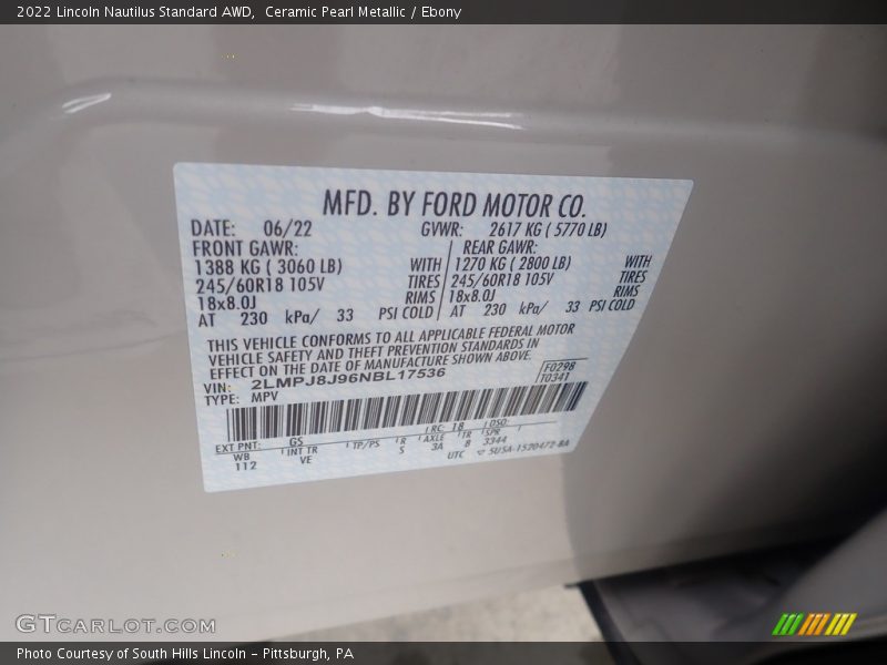 2022 Nautilus Standard AWD Ceramic Pearl Metallic Color Code GS