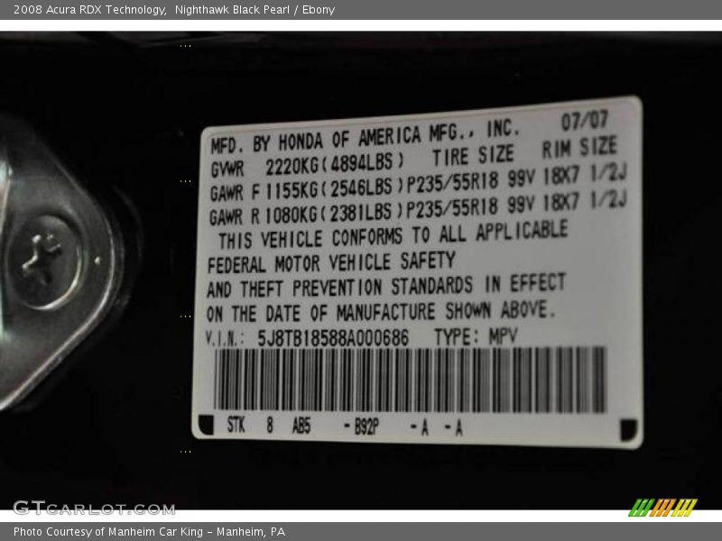 Nighthawk Black Pearl / Ebony 2008 Acura RDX Technology