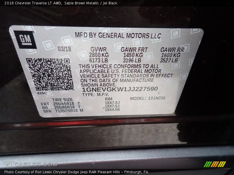 Sable Brown Metallic / Jet Black 2018 Chevrolet Traverse LT AWD