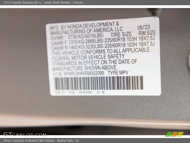 Lunar Silver Metallic / Mocha 2024 Honda Odyssey EX-L