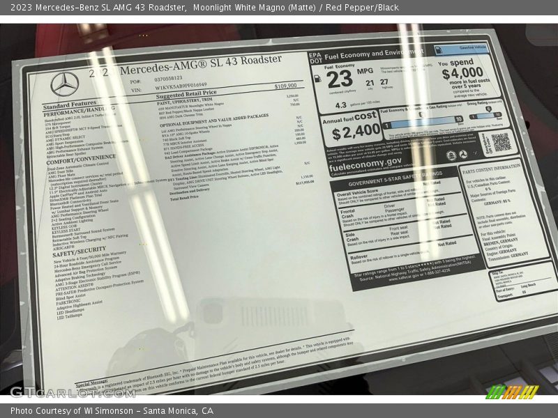  2023 SL AMG 43 Roadster Window Sticker