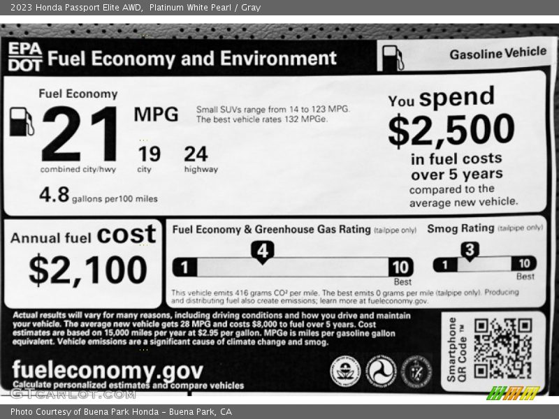 Platinum White Pearl / Gray 2023 Honda Passport Elite AWD