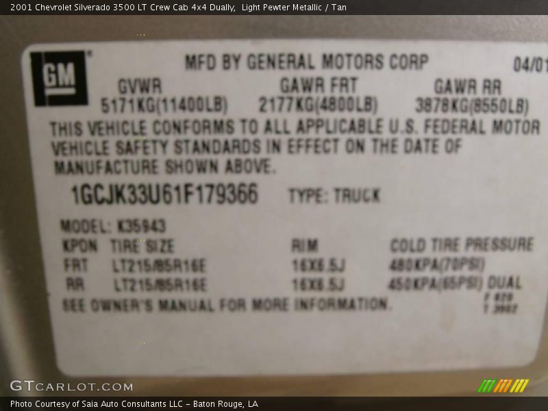 Light Pewter Metallic / Tan 2001 Chevrolet Silverado 3500 LT Crew Cab 4x4 Dually