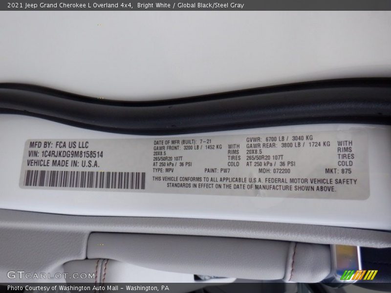 2021 Grand Cherokee L Overland 4x4 Bright White Color Code PW7