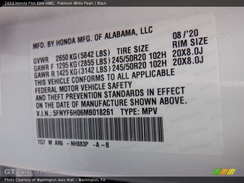 Platinum White Pearl / Black 2021 Honda Pilot Elite AWD